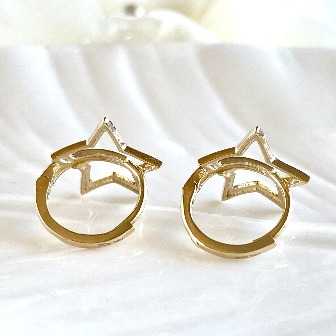 Solid 14k Yellow Gold 5 Point Star Hoop Earrings, New