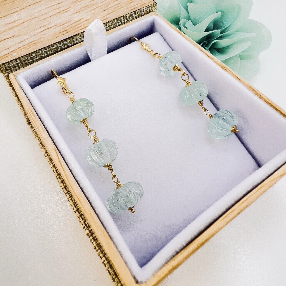 Genuine Aquamarine Fluted Rondelle 14k Yellow Gold Dangle/Drop Earrings, New