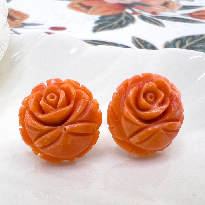 14k Gold Genuine Japanese Orange Coral Carved Rose Stud Earrings, New