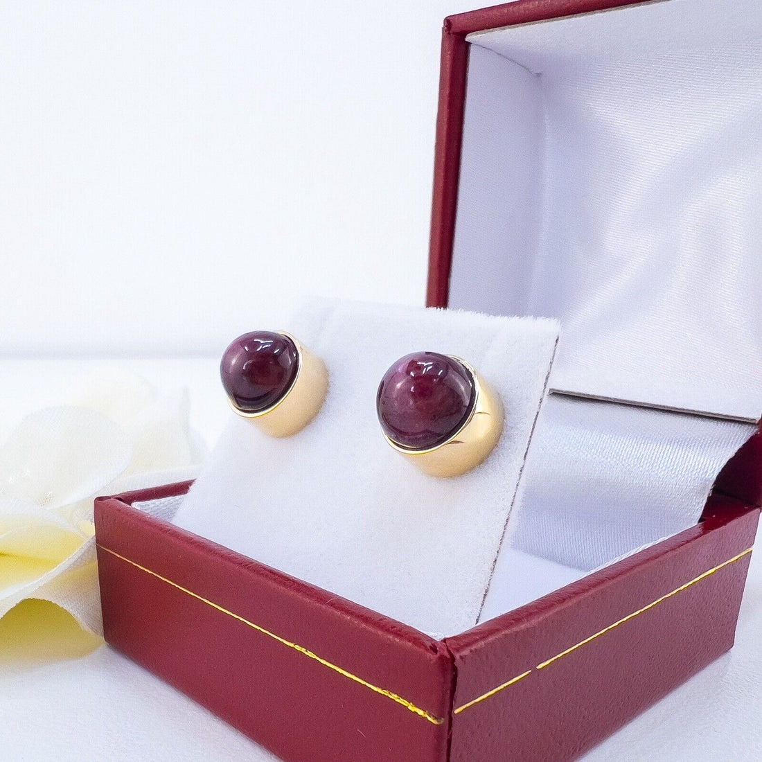 Genuine Star Ruby Solid 14k Yellow Gold Stud Earrings, Newly Handcrafted