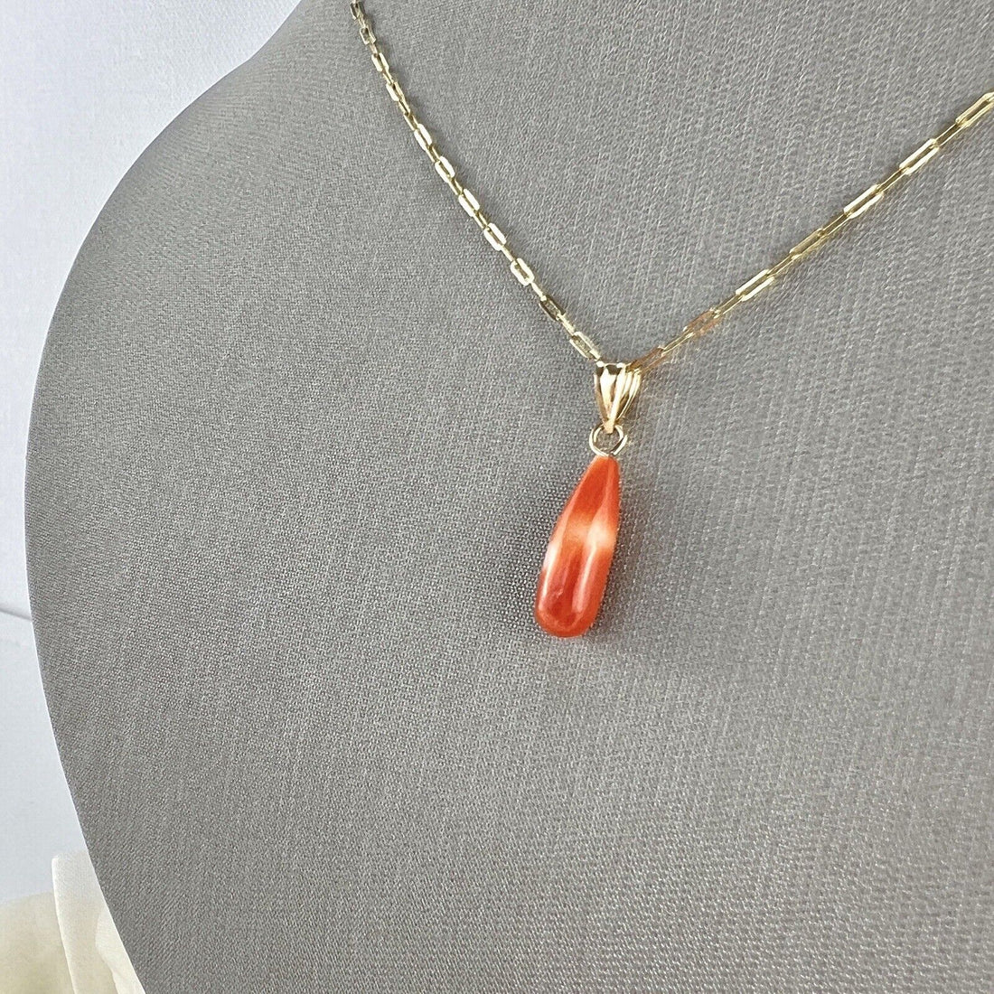 Solid 14k Yellow Gold Japanese Coral Drop Pendant, New