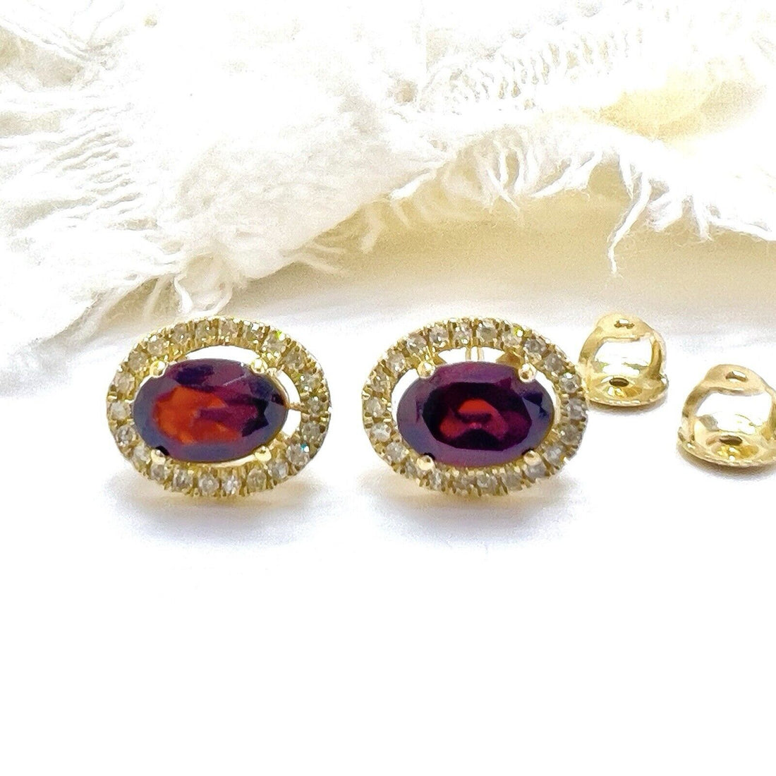 10k Yellow Gold Genuine Garnet & Diamond Halo Stud Earrings, New