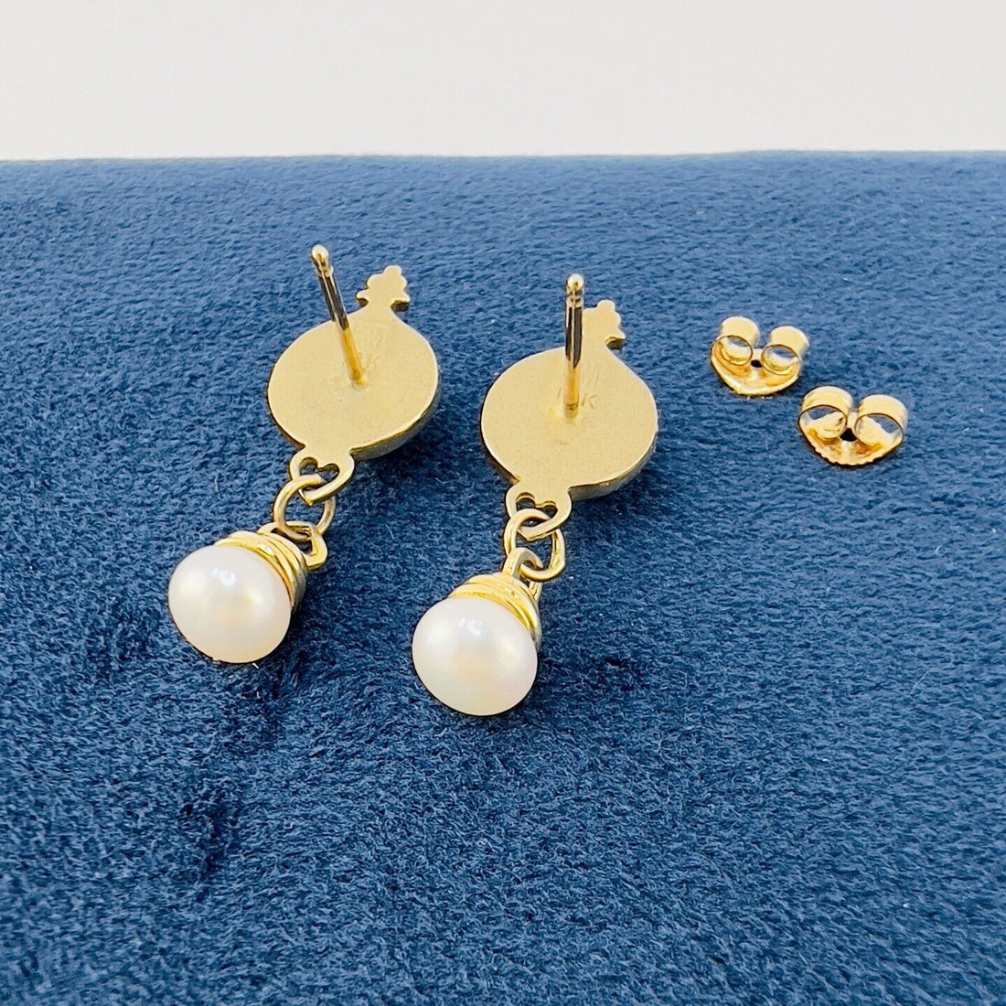 Solid 14k Yellow Gold Genuine Pearl Dangle/Drop Earrings, New 1.14”