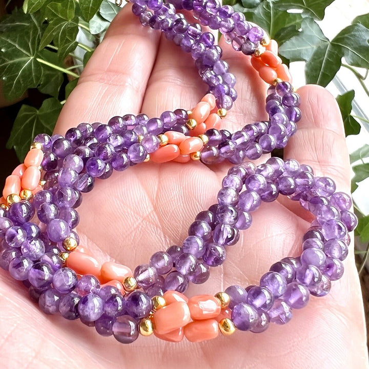 Vintage Beautiful Genuine Salmon Coral & Amethyst Woven Rope Necklace 18 inches