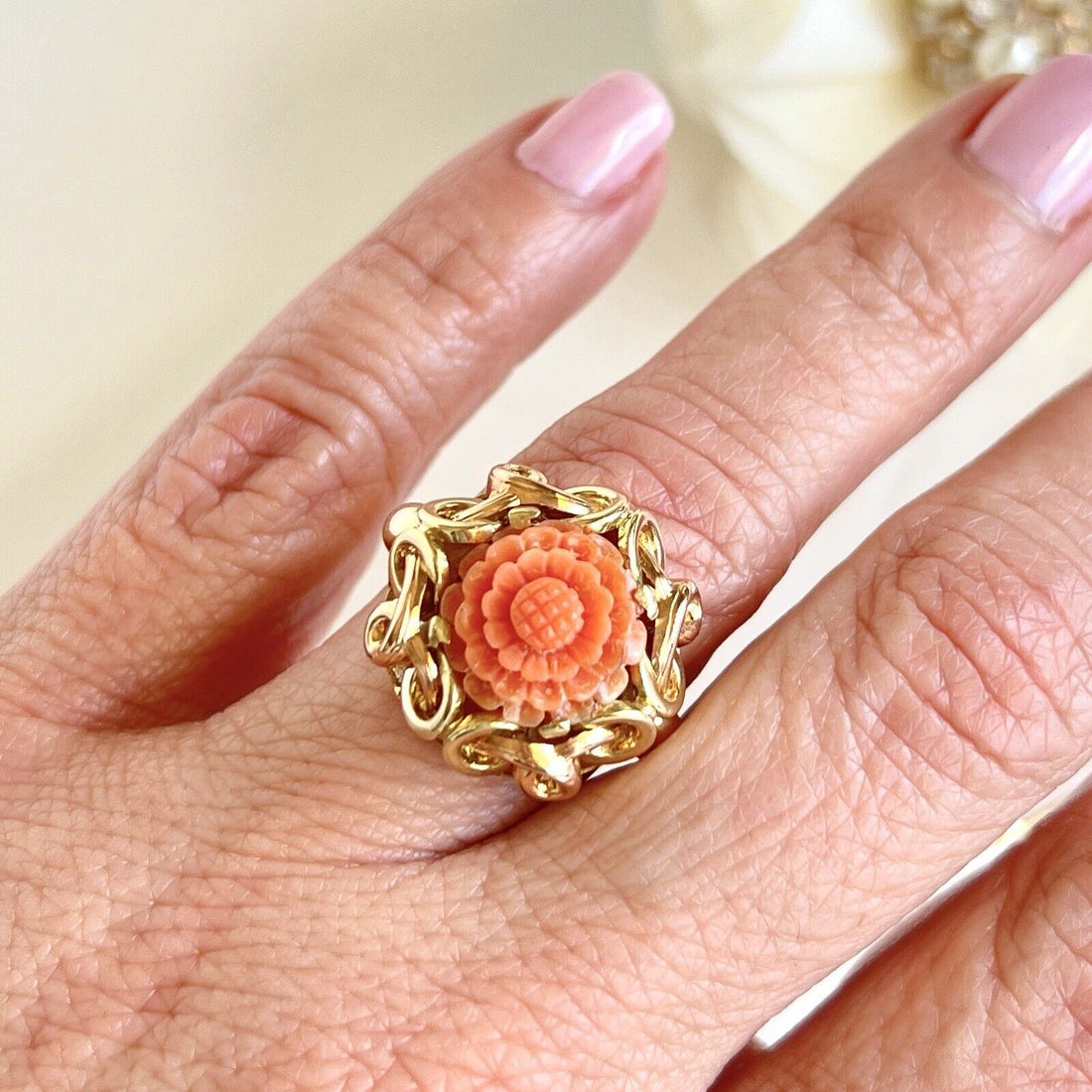 Antique Untreated Red/Orange Coral Rose Carving  Solid 14k Gold Ring, Size 8