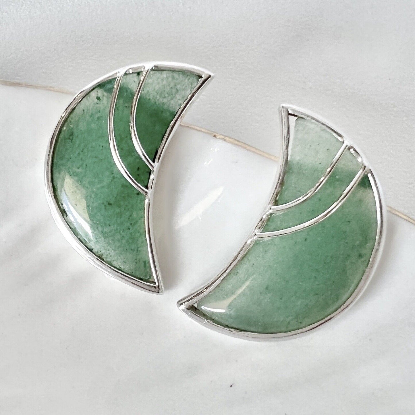 Sterling Silver Genuine Green Aventurine Moon Stud Drop Earrings, New