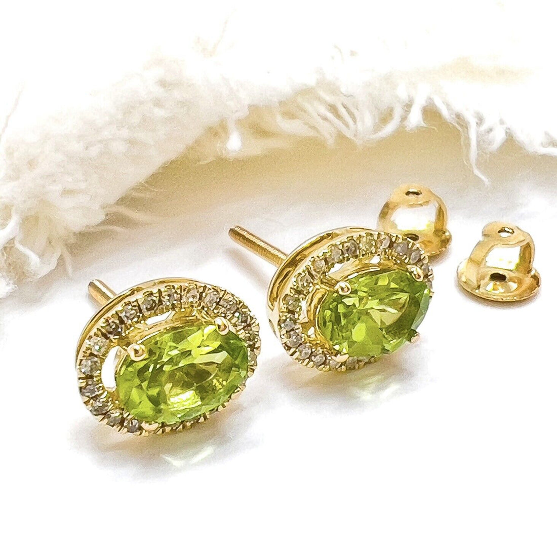 10k Yellow Gold Genuine Peridot & Diamond Halo Stud Earrings, New