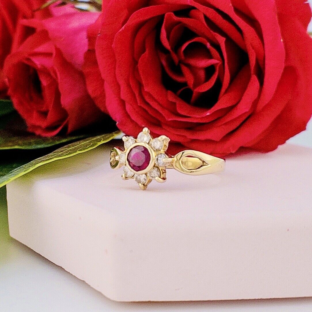 Solid 14k Yellow Gold Genuine Ruby & Diamond Rosette Ring, New Size 8