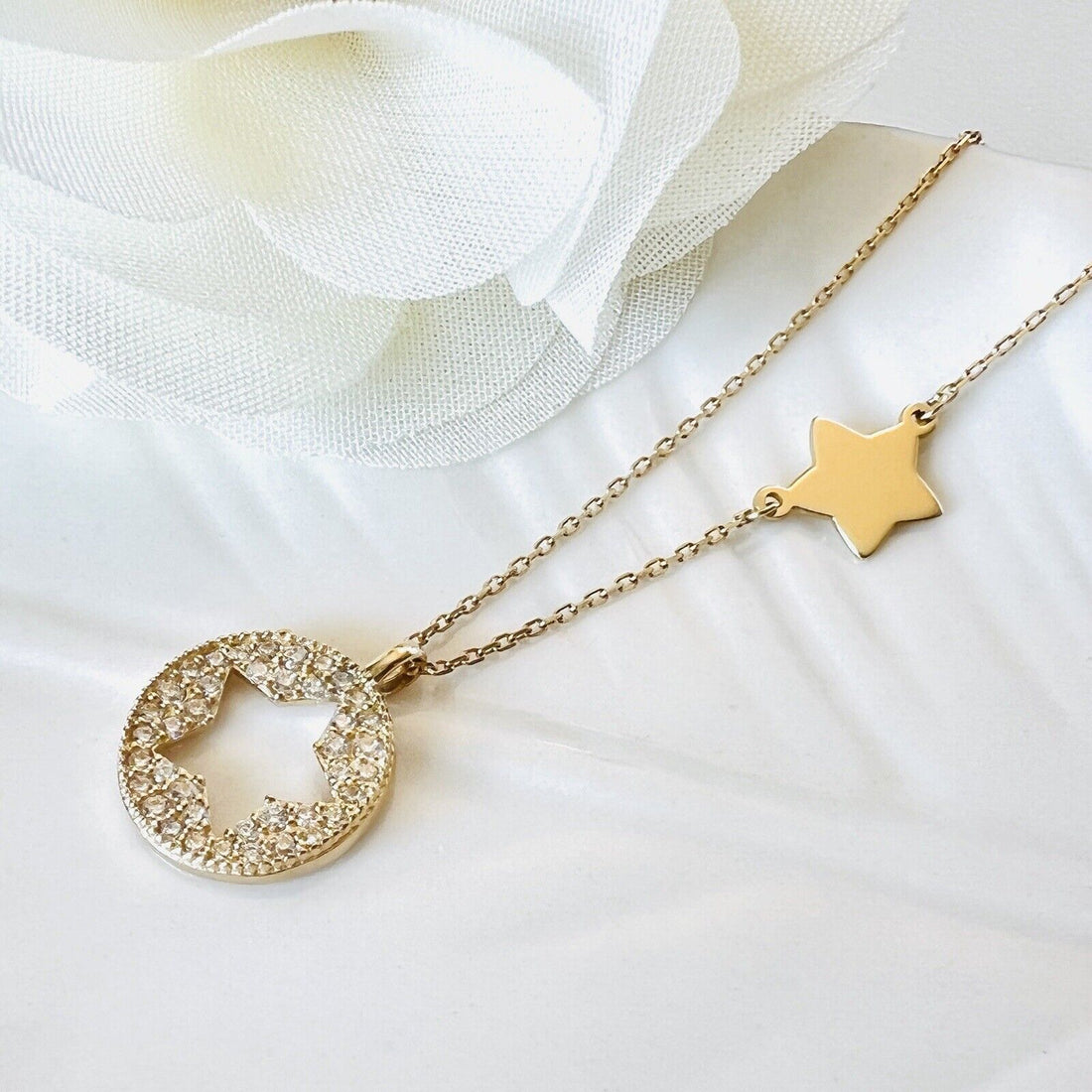 Solid 14k Yellow Gold Pave CZ Star Charm Chain Necklace, New 16"-18"