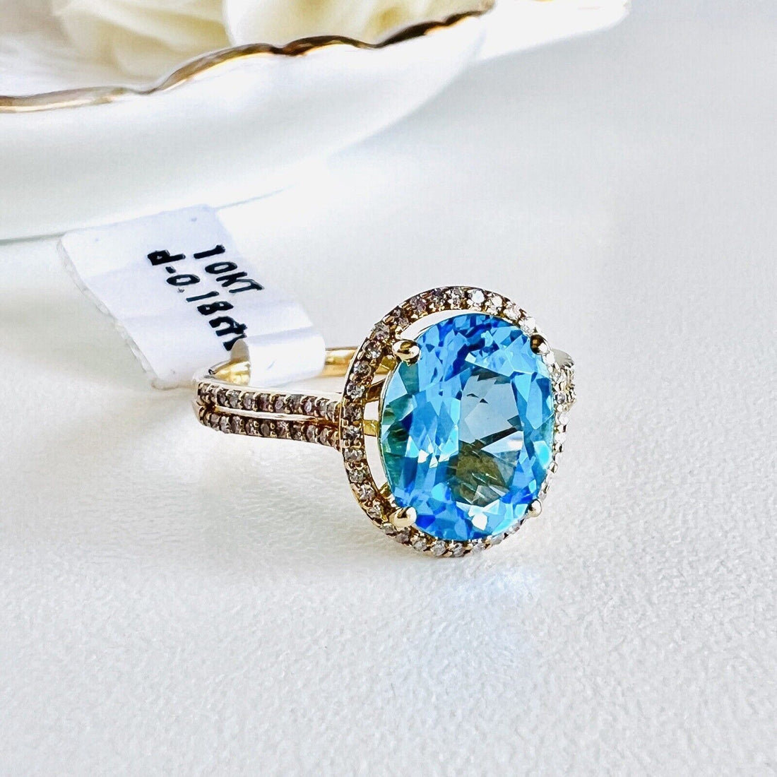 Solid 10k Yellow Gold Genuine Swiss Blue Topaz & Diamond Halo Ring, Size 7 New