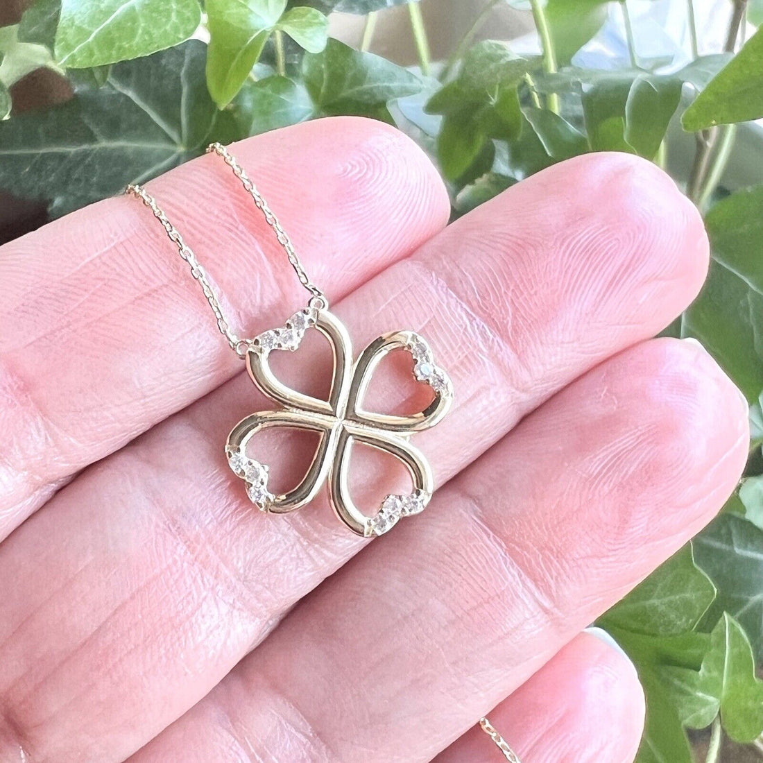 Solid 14k Yellow Gold Lucky Clover Cubic Zirconia  Pendant/Necklace New 18"