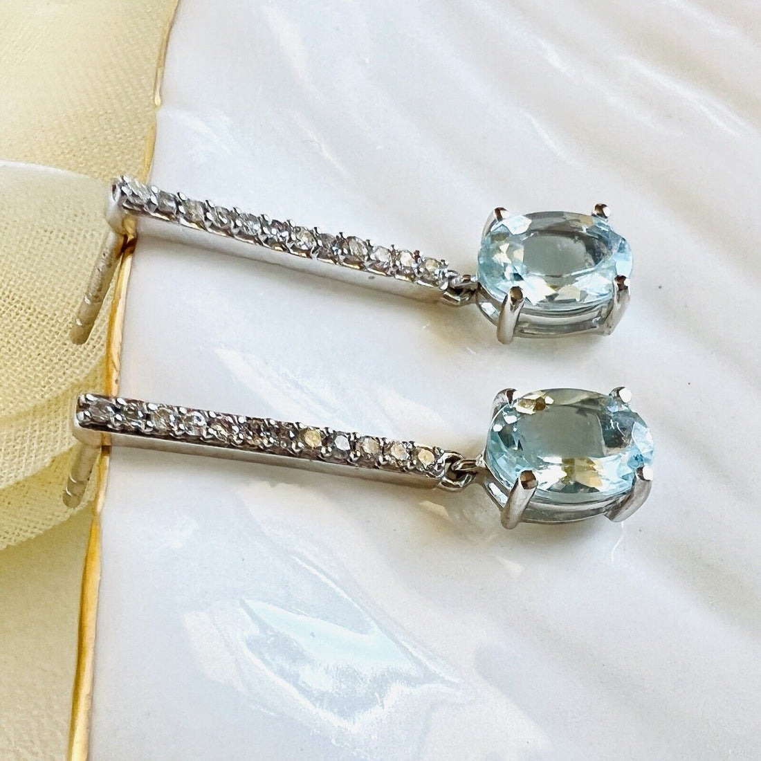 Solid 10k White Gold Genuine Aquamarine & Diamond Dangle/Drop Earrings, New