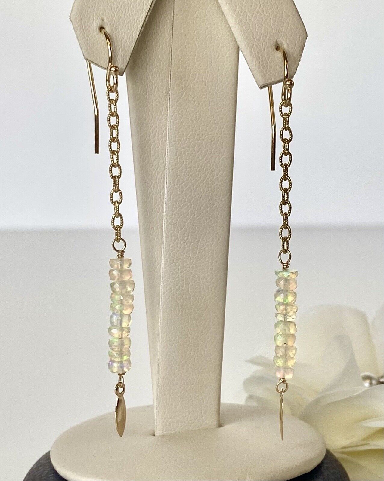 Genuine Opal & Solid 14K Yellow Gold Dangle Earrings, New, 2.68"