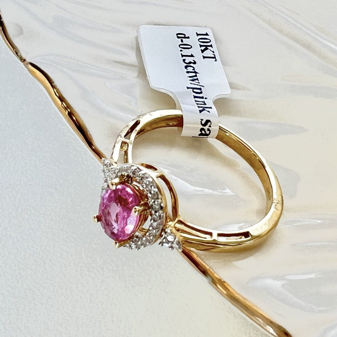 Solid 10k Yellow Gold Genuine Pink Sapphire & Diamonds Halo Ring, New, Size 7