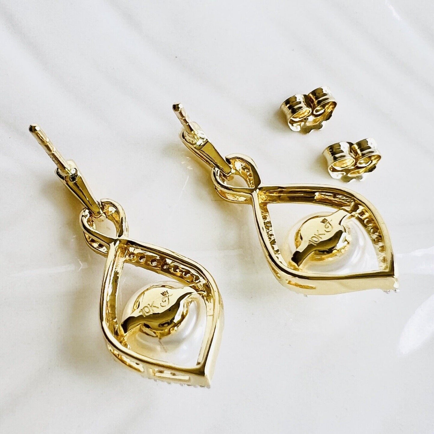 Solid 10k Yellow Gold Genuine Pearl (7mm) & Diamond Dangle Drop Earrings, New