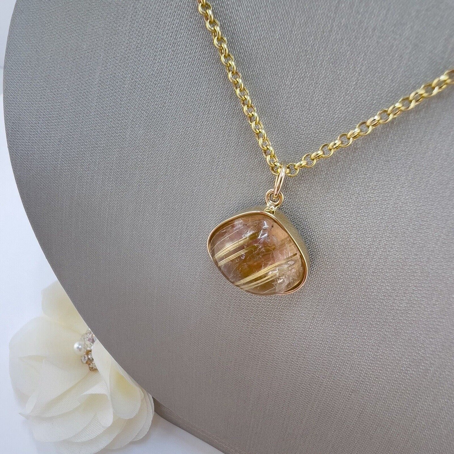 Genuine Rutilated Quartz Solid 14k Yellow Gold Drop Pendant, Newly Handcrafted