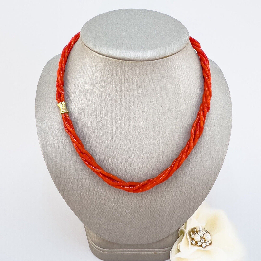 Natural Mediterranean Red Coral Multi-Strand 14K Yellow Gold Necklace, New 17.7"