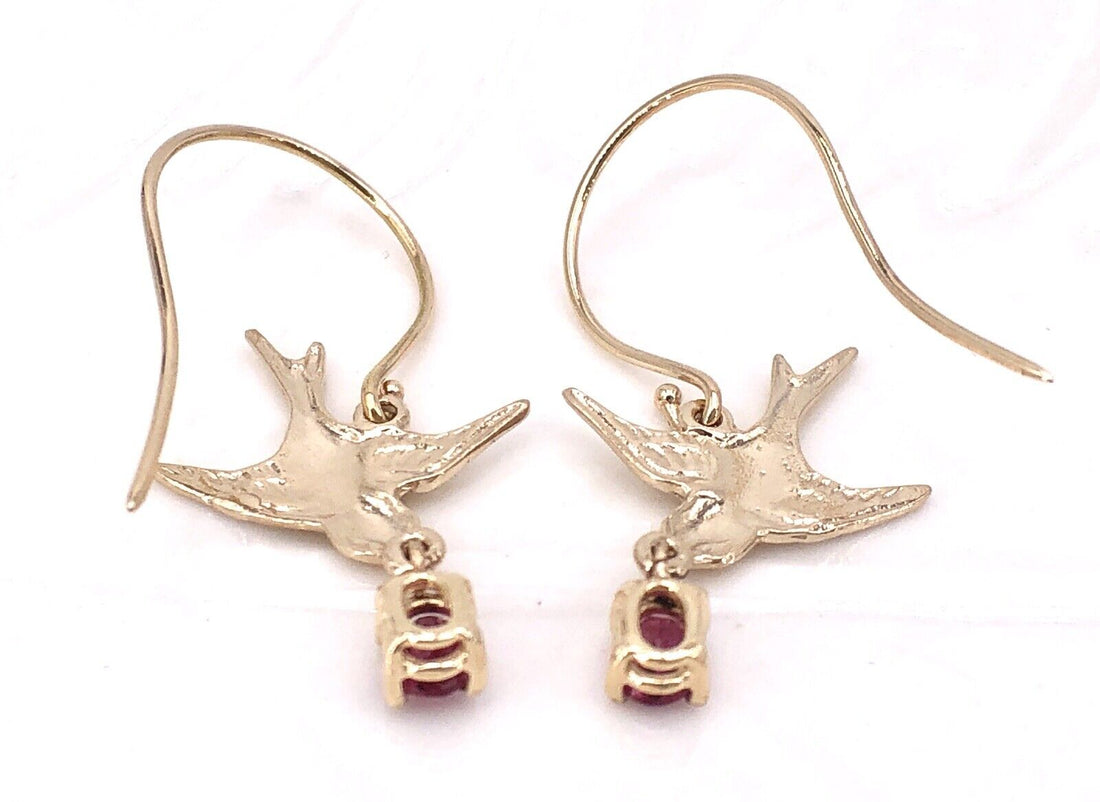 Solid 14K Yellow Gold Swallows & Pink Tourmaline Dangle/Drop Earrings, New 1.32"