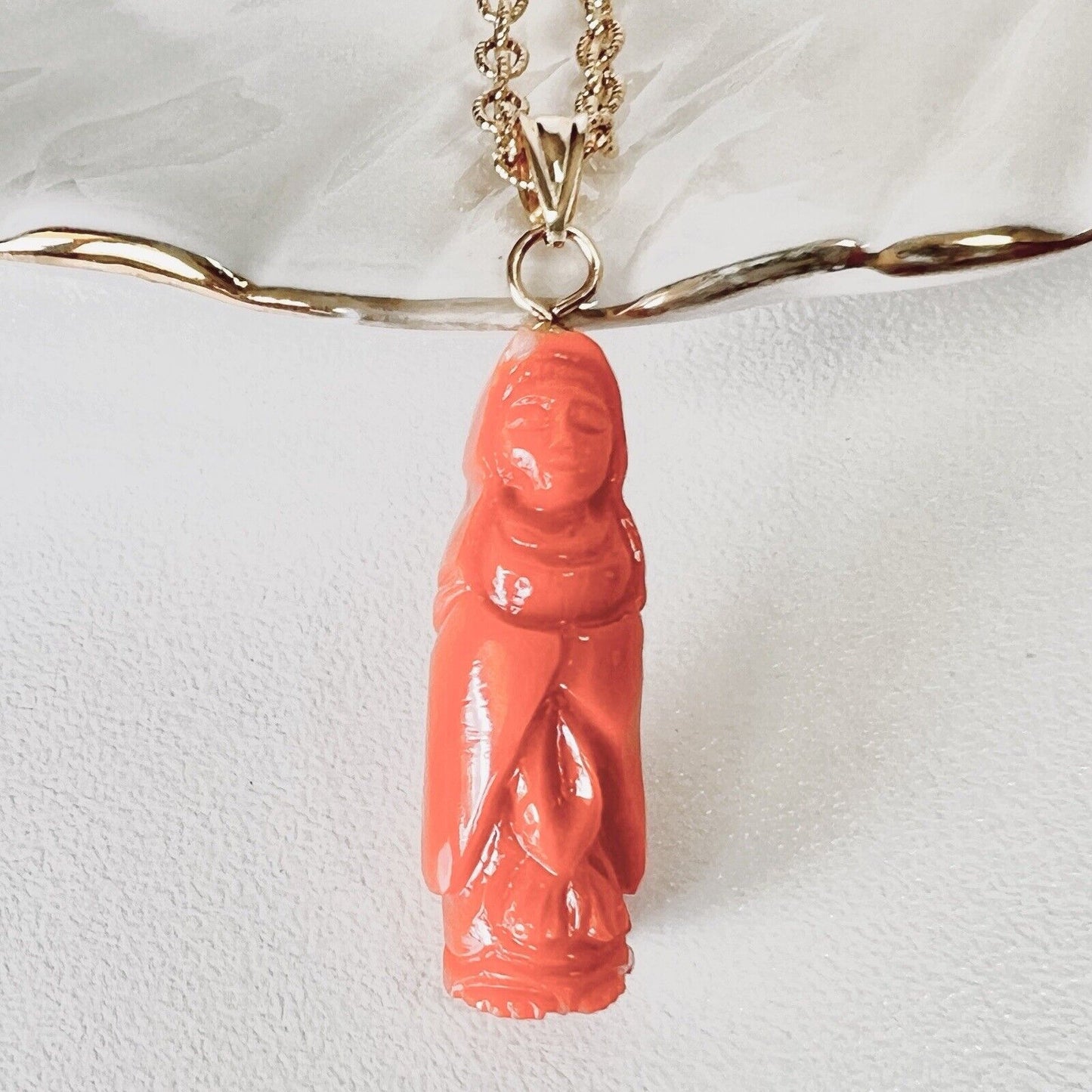 Natural Dark Salmon Guanyin (17ct) Solid 14k Yellow Gold Pedant, New
