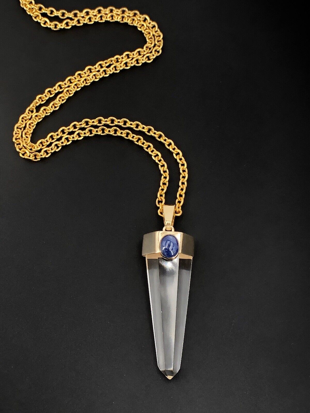 Unique 14k Gold Natural Quartz Point & Sapphire Pendant, 2.4", New