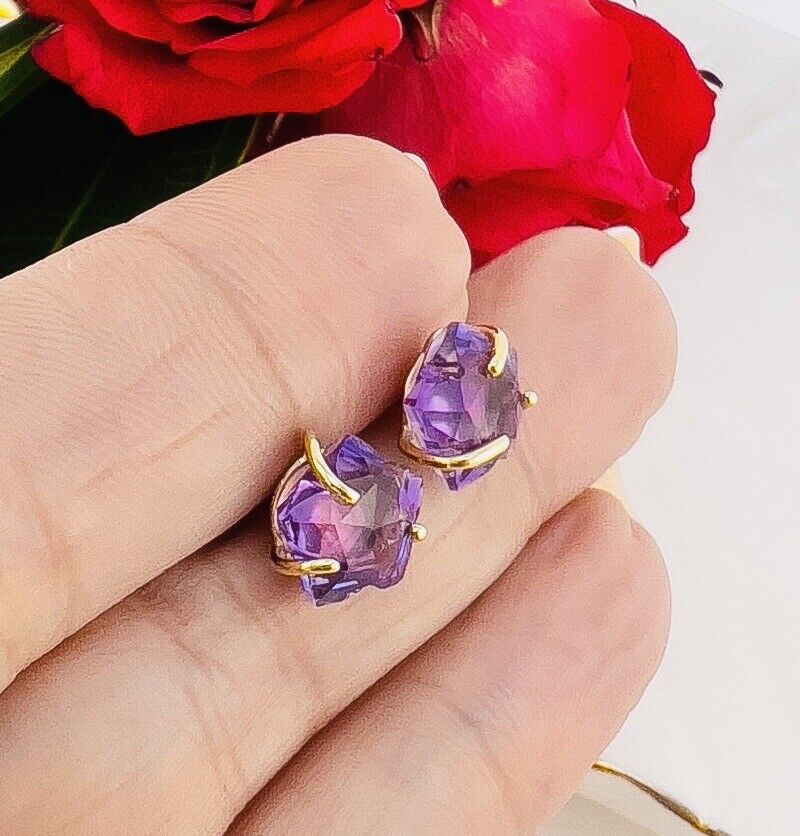 Solid 14k Yellow Gold Genuine Amethyst Star Stud Earrings, New