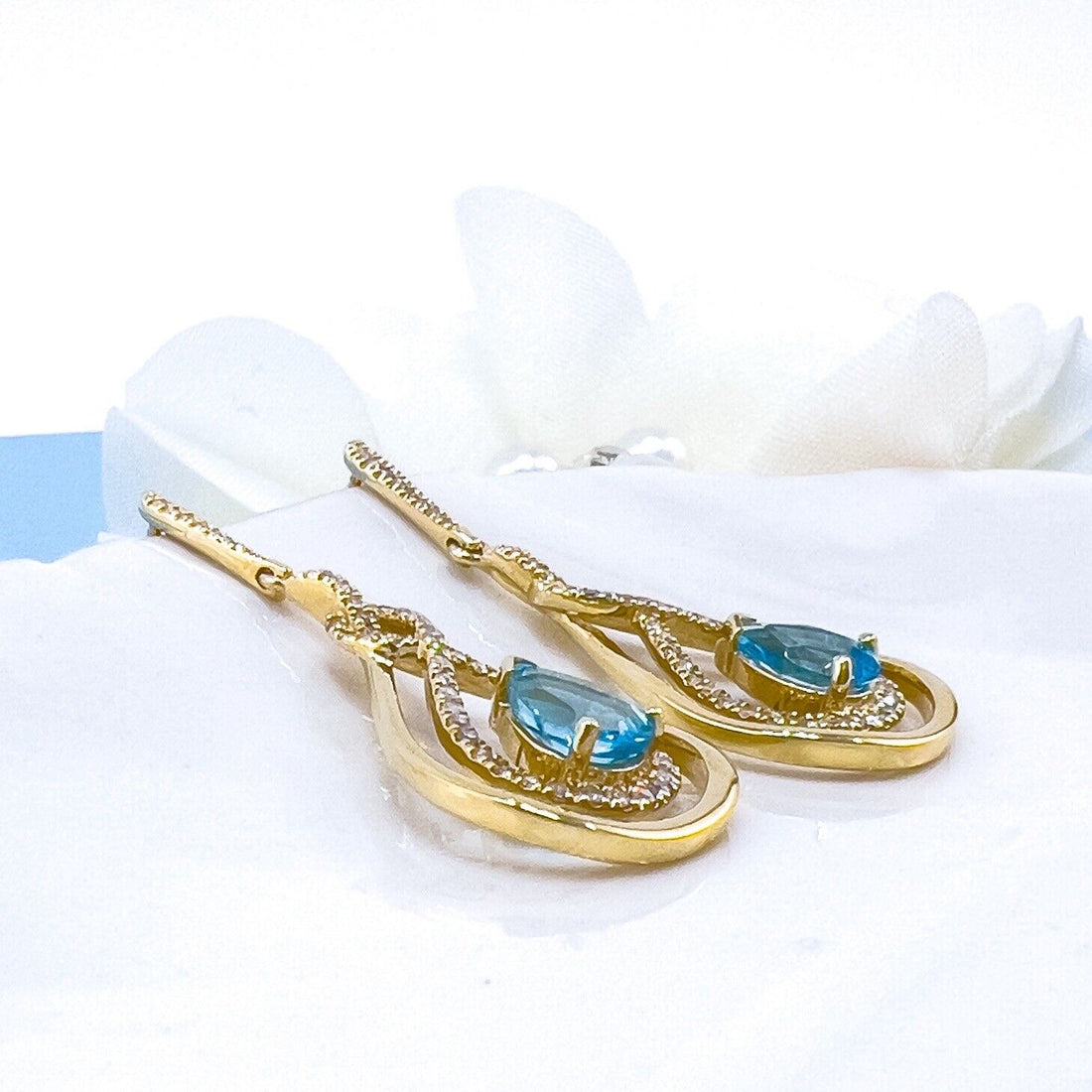 Genuine Swiss Blue Topaz & Diamond 10k Yellow Gold Dangle/Drop Earrings, New