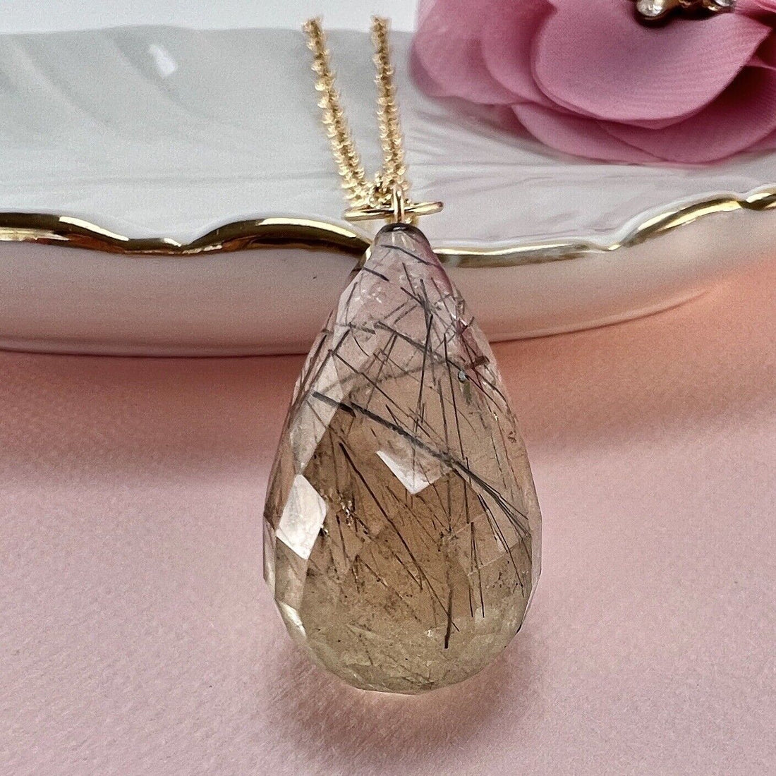 Solid 14k Yellow Gold Tourmalinated Smoky Quartz Briolette/Drop Pendant, New