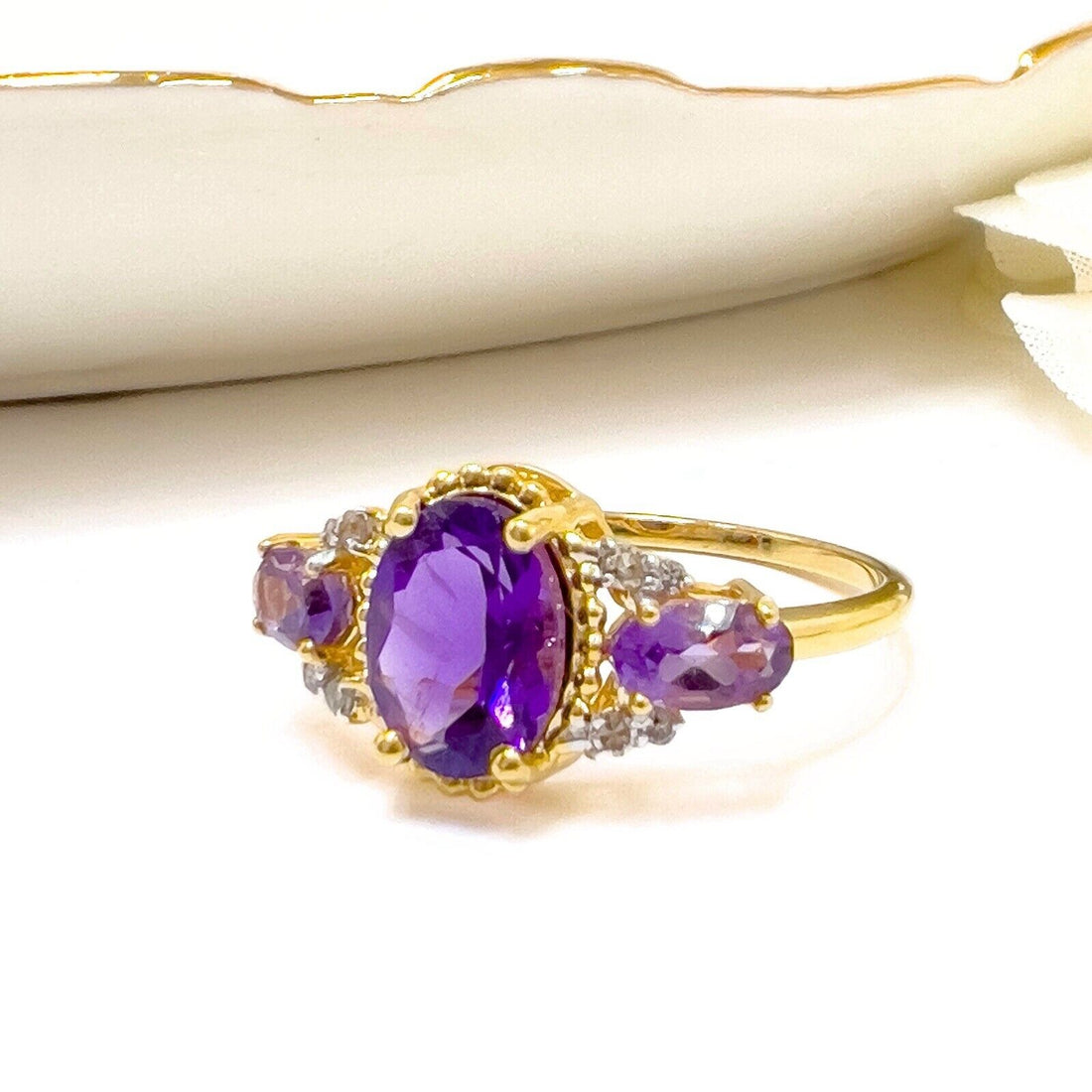 Solid 10k Yellow Gold Genuine Amethyst & Diamond 3-Stone Ring, New Size 7