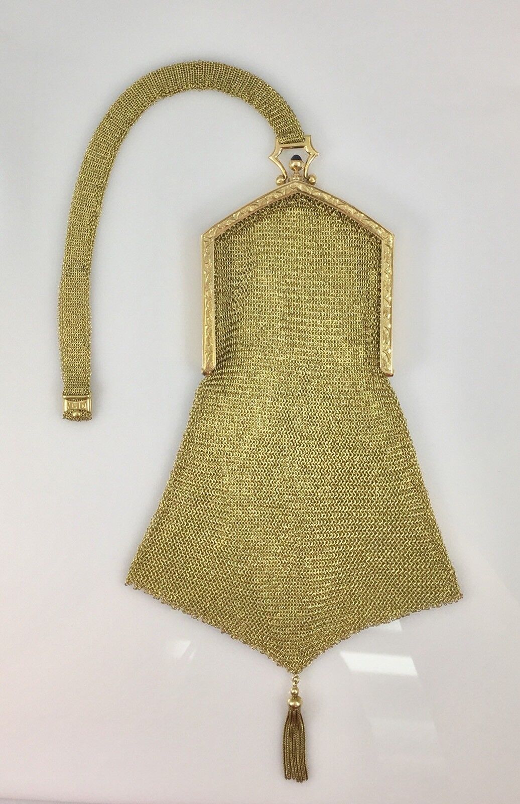 Antique Belle Epoque 18kt Solid Yellow Gold & Sapphire Hand Engraved Mesh Purse