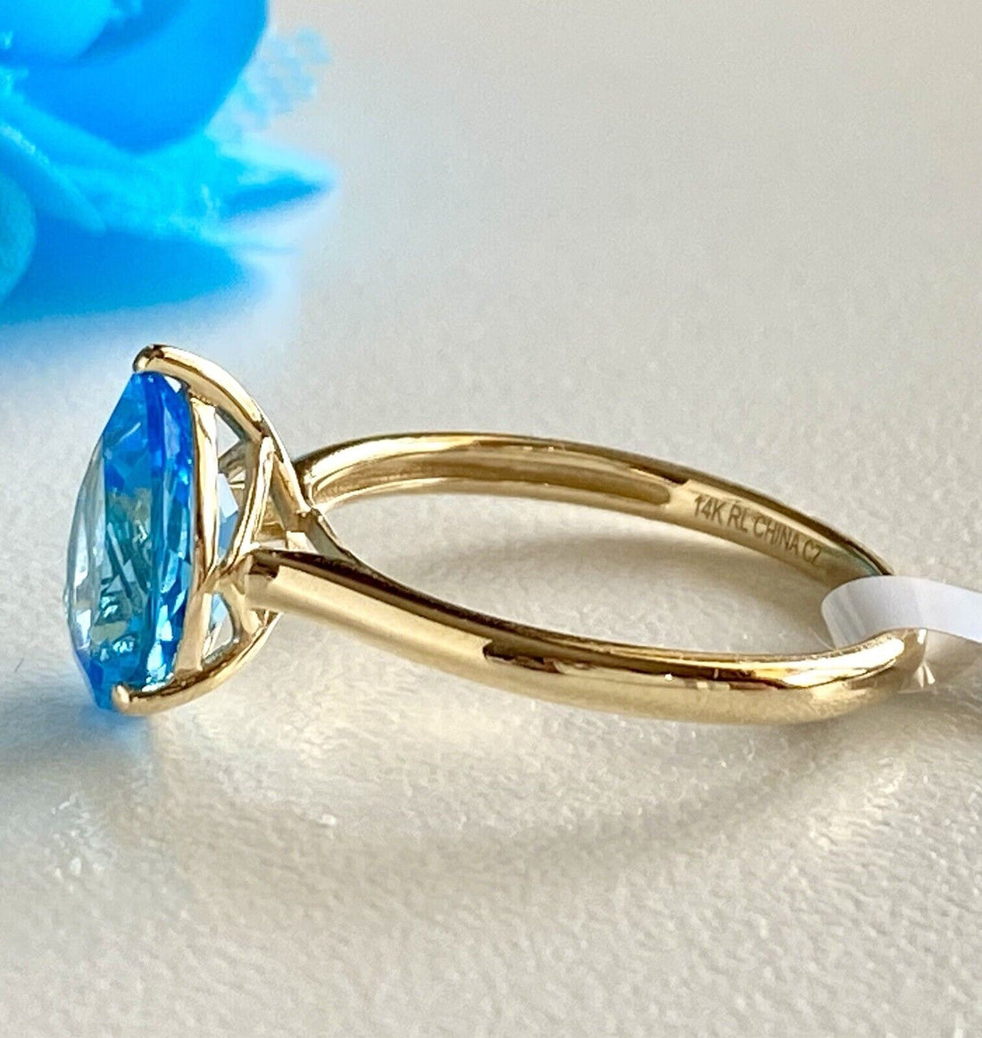 Solid 14K Yellow Gold and Genuine Swiss Blue Topaz Solitaire Ring, New