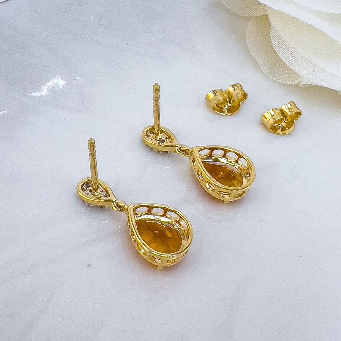 Genuine Citrine & Diamond Solid 10k Yellow Gold Dangle/Drop Earrings