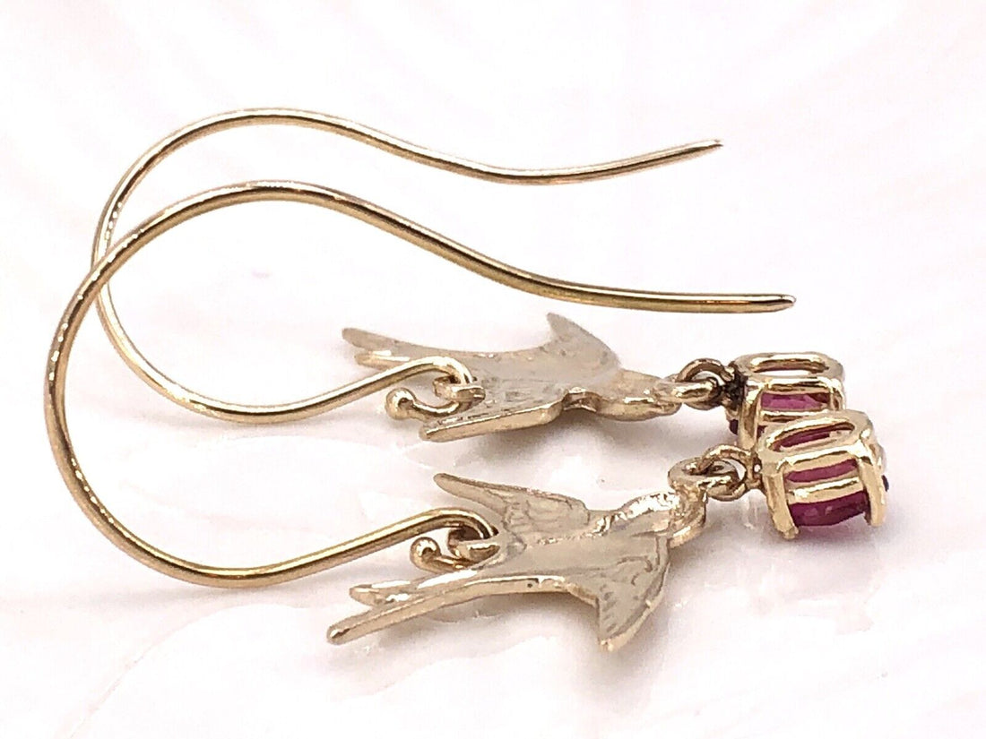 Solid 14K Yellow Gold Swallows & Pink Tourmaline Dangle/Drop Earrings, New 1.32"