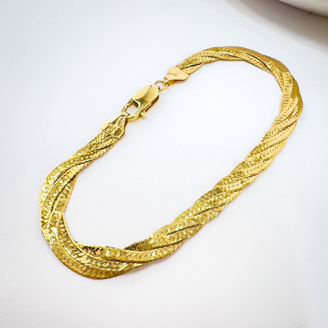 Solid 14k Yellow Gold Herringbone Flat Braided Bracelet, Italy 7.25"