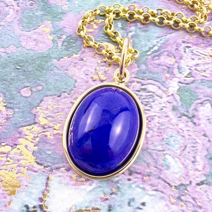 Natural Lapis Lazuli 14k Yellow Gold Oval Pendant, Unisex, Handcrafted