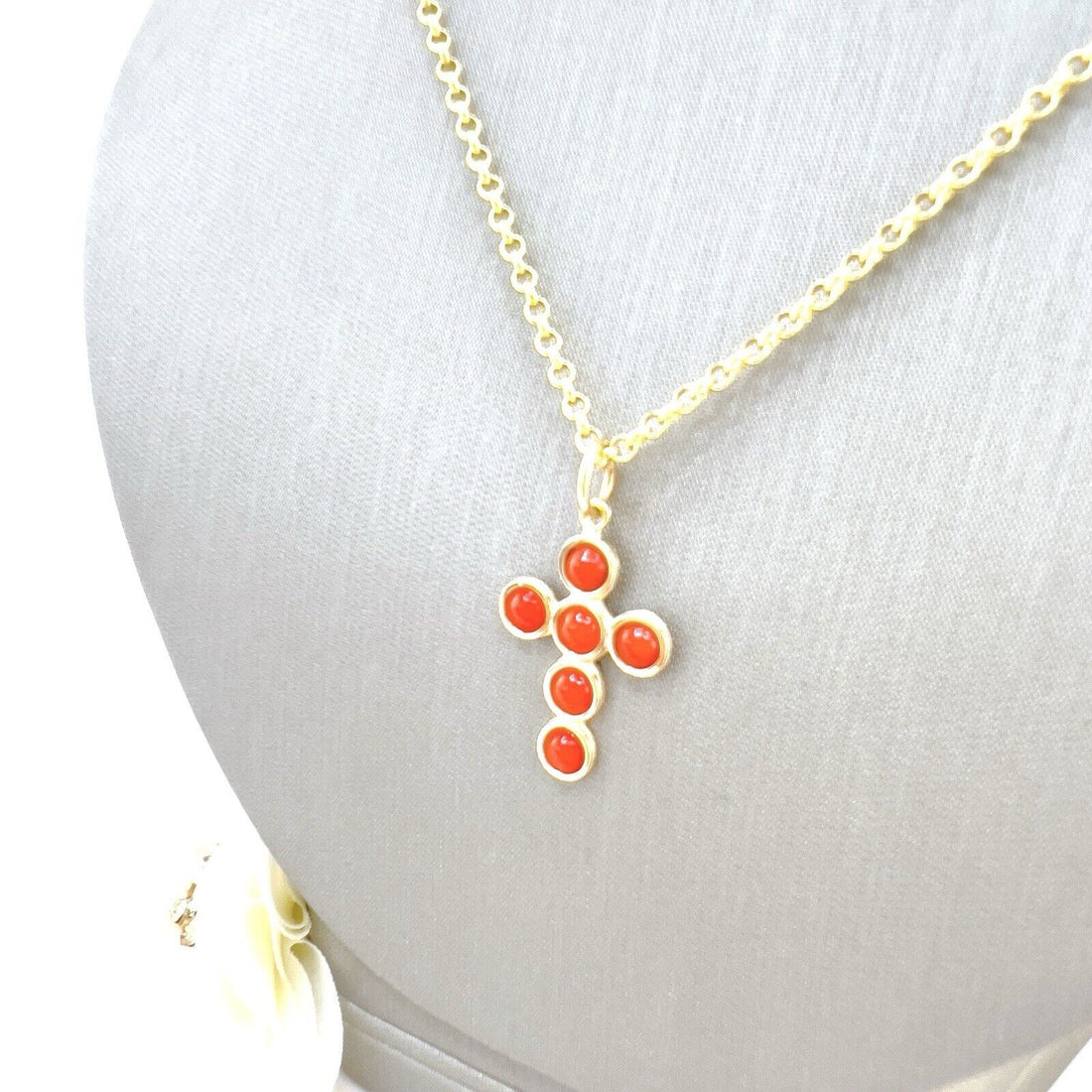 14k Yellow Gold Natural Red Coral Cross Pendant, New 1.18"