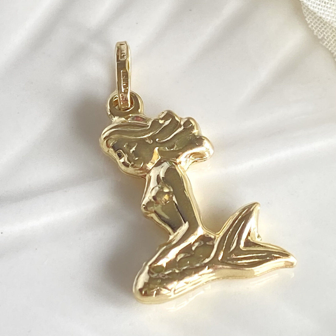 Adorable 14k Yellow Gold Puffy 3D Mermaid Pendant, New, 1.08"