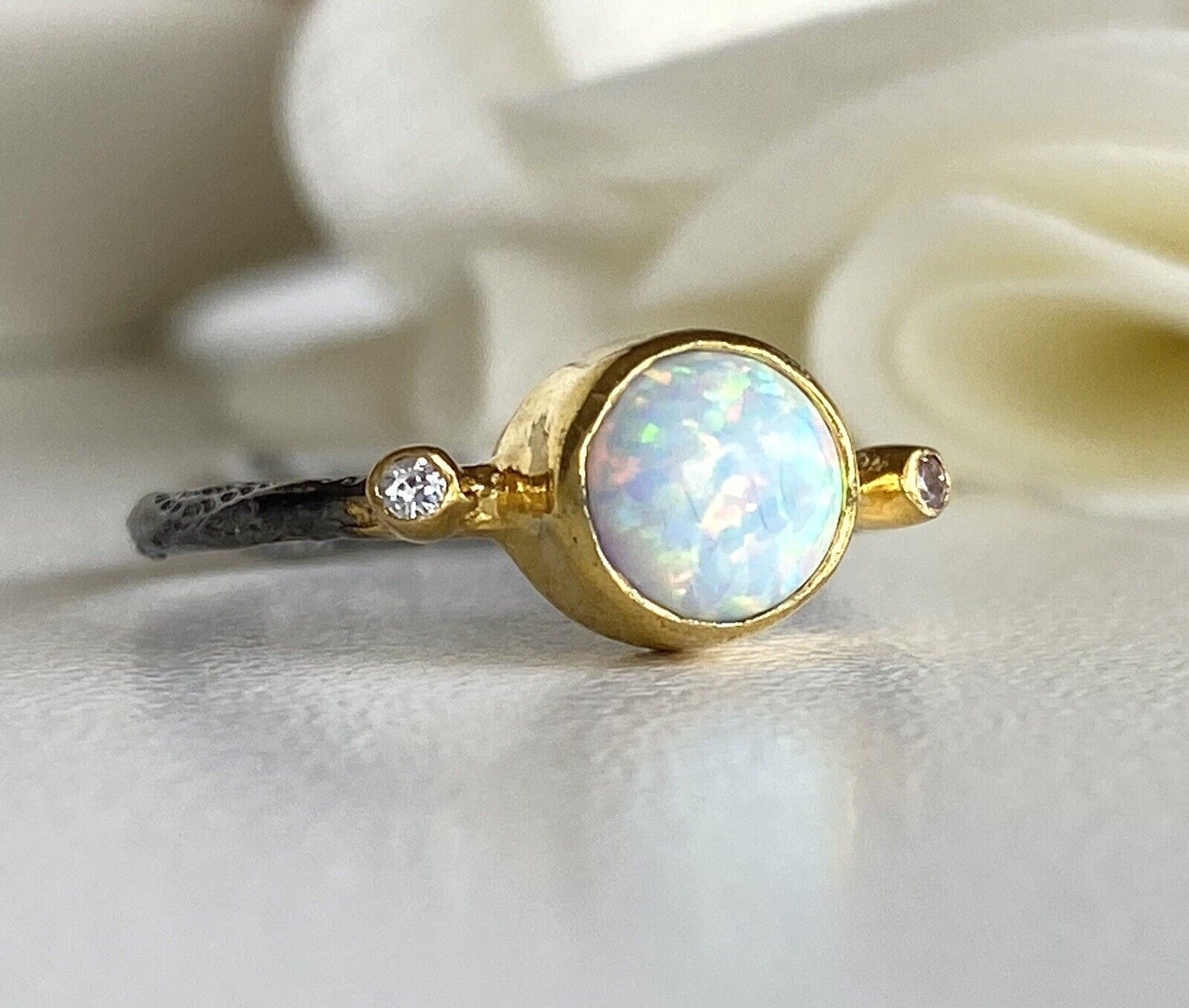 Antiqued Sterling Silver 18K Yellow Gold Opal Ring Size 5.5