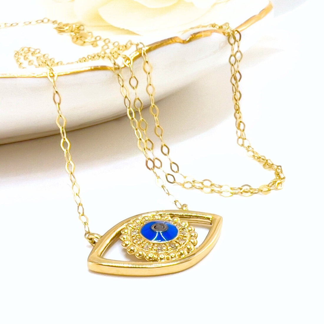 14k Yellow Gold Genuine  Diamond & Enamel Eye Protection Pendant Necklace, 17.5"