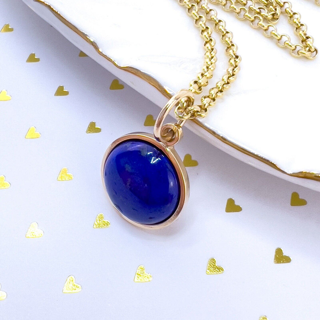 Natural Lapis Lazuli 14k Yellow Gold Round Pendant, Unisex, Handcrafted