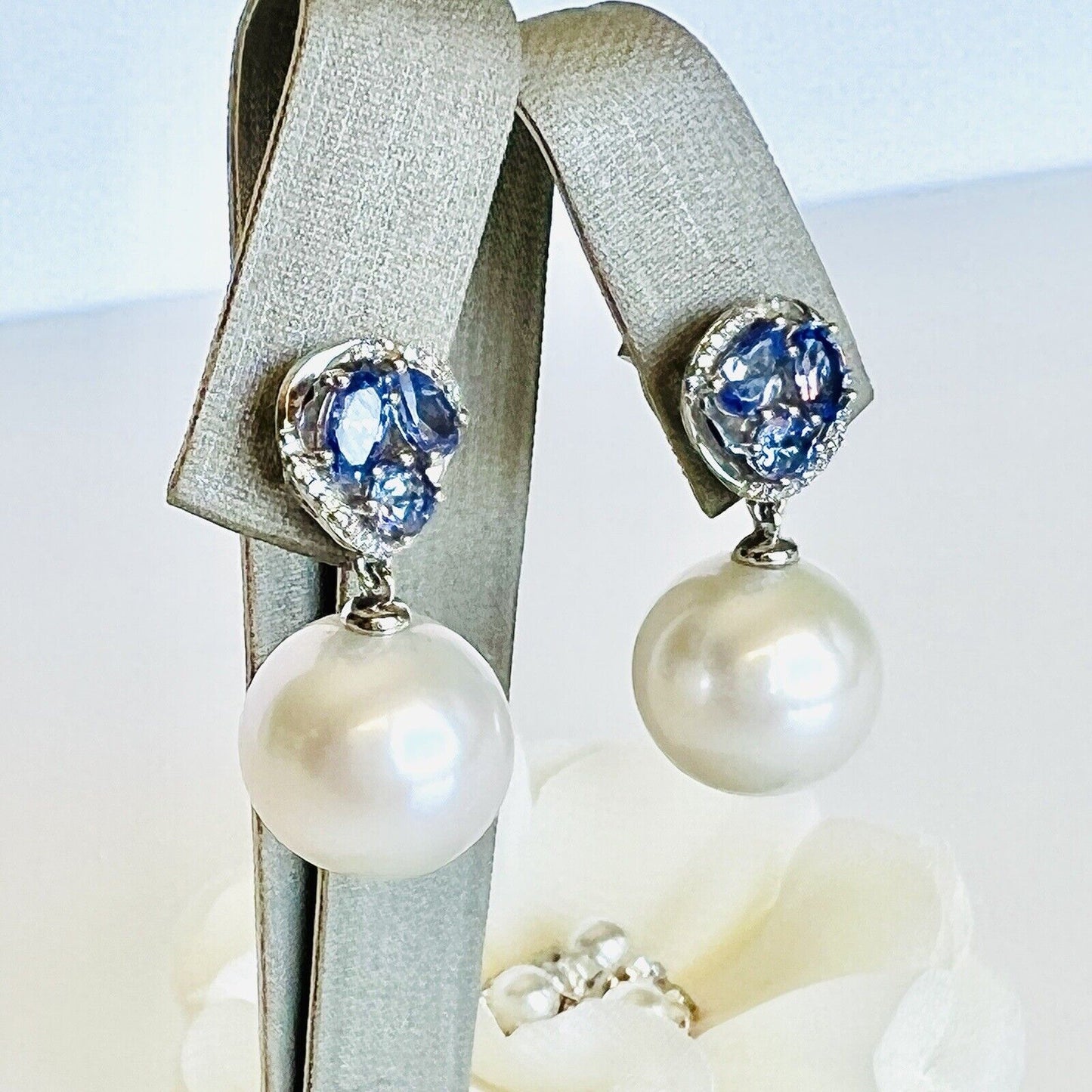 Genuine Tanzanite, Diamond & Pearl Solid 14k White Gold Dangle/Drop Earrings New