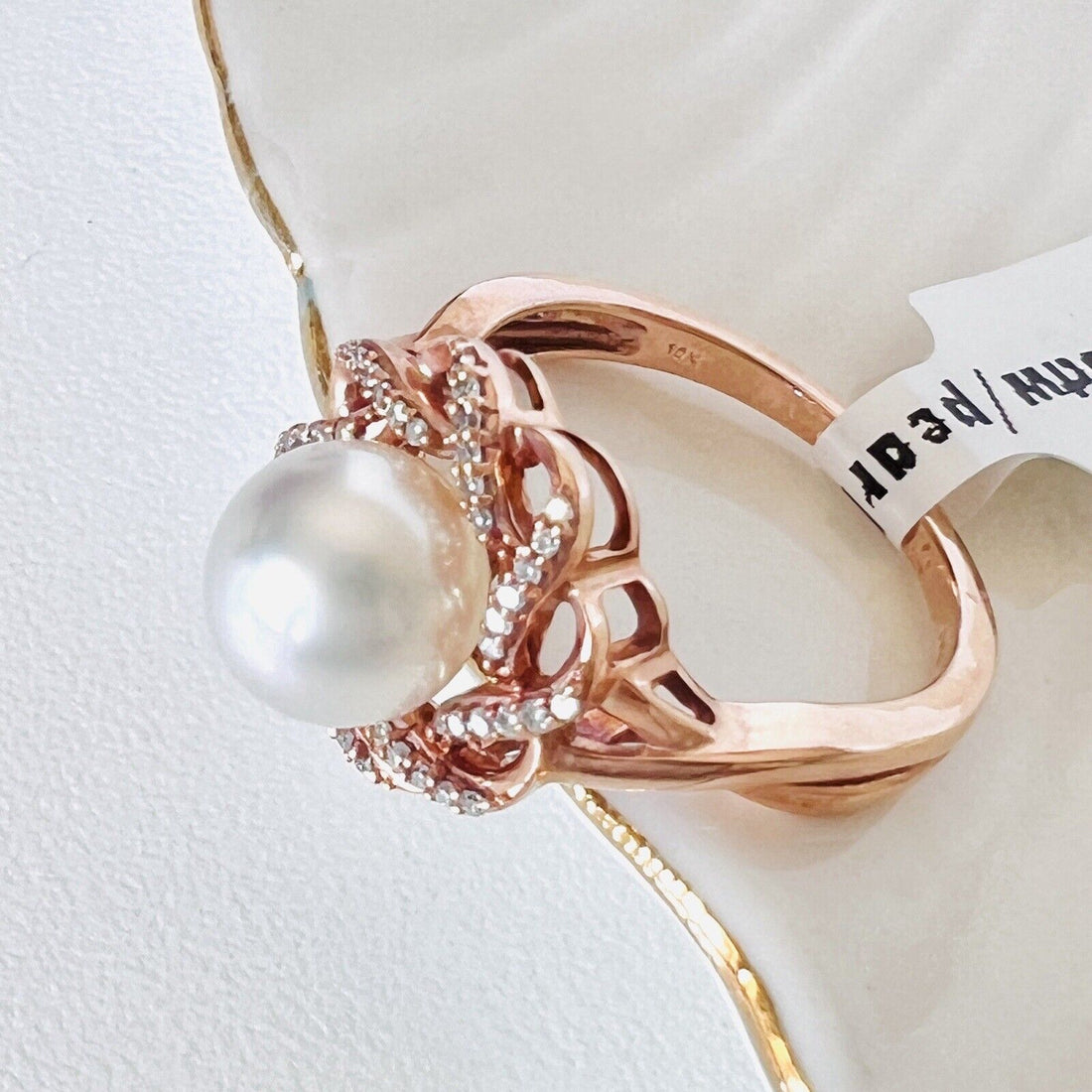 Solid 10k Rose Gold Genuine Pearl & Diamond Rosette Ring, New, Size 7