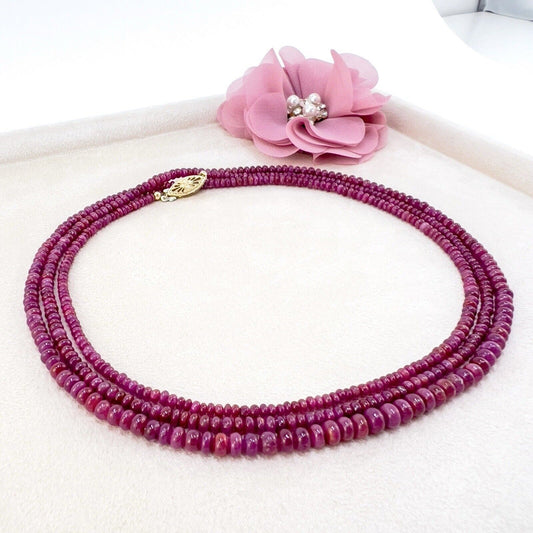 Natural Ruby Smooth Rondelle 14K Yellow Gold Necklace, New 43"