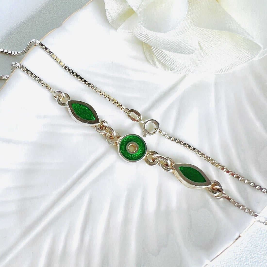 Vintage Sterling Silver Green Enamel Geometric Charm Necklace, New 16"