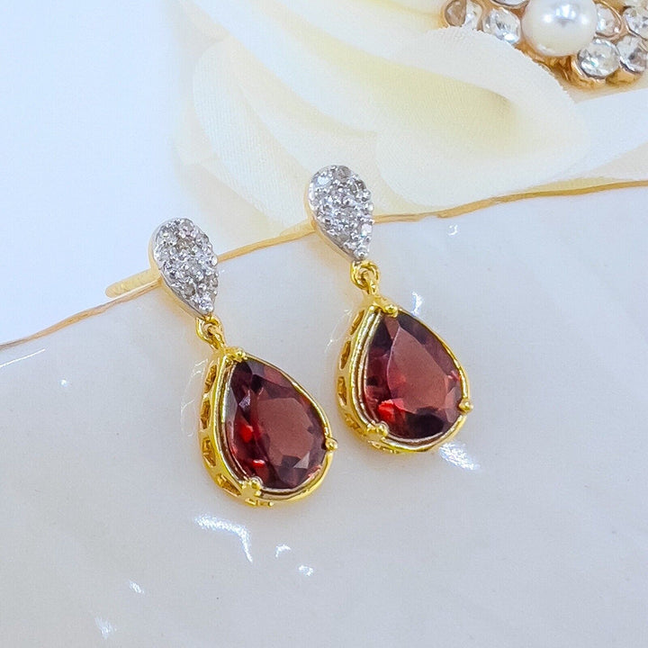 Genuine Pyrope Garnet & Diamond Solid 10k Yellow Gold Dangle/Drop Earrings