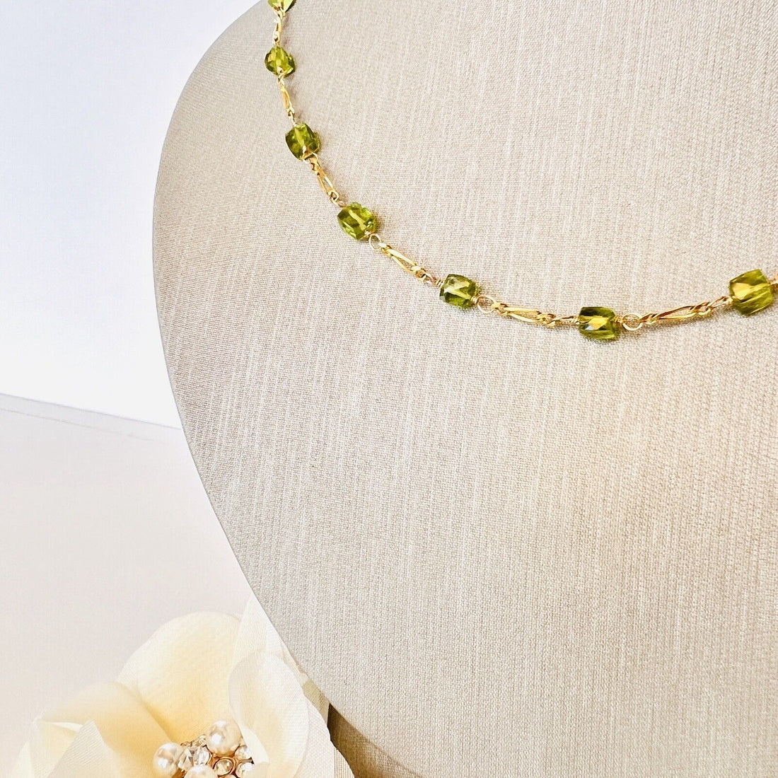 Solid 14k Yellow Gold Genuine Peridot Cube Station Chain Necklace, New 16.75”