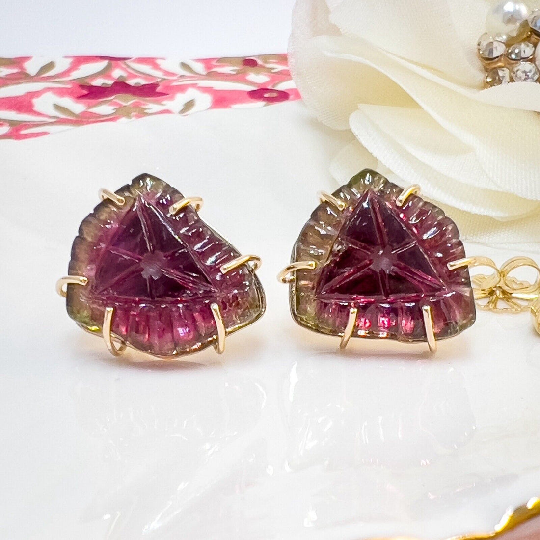 Unique 14k Yellow Gold Watermelon Tourmaline Custom-Made Stud Earrings