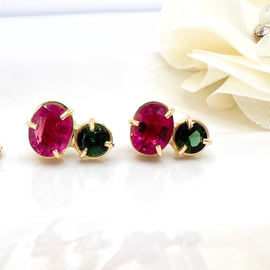 Handcrafted 14k Yellow Gold Genuine Pink & Green Tourmaline Stud Earrings, New