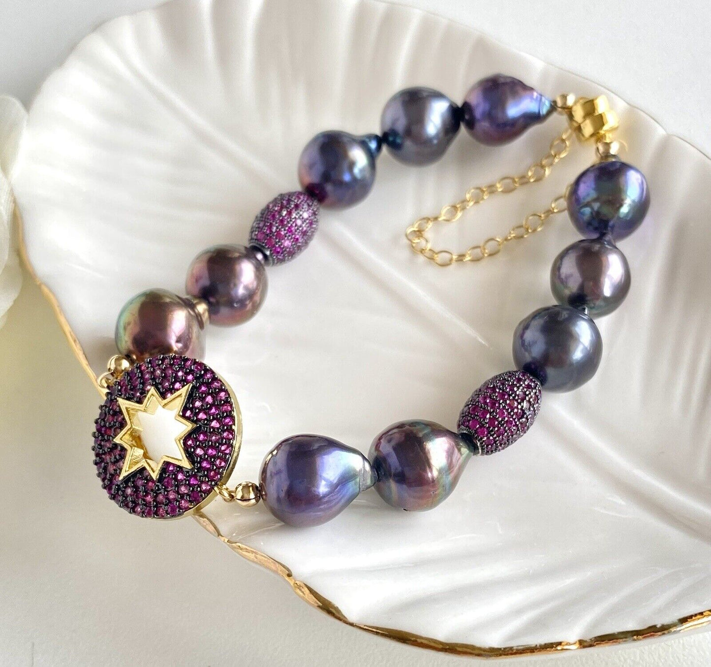 Peacock Akoya Baroque Pearls 14K Vermeil/GF North Star Bracelet, New 7.5" Pink