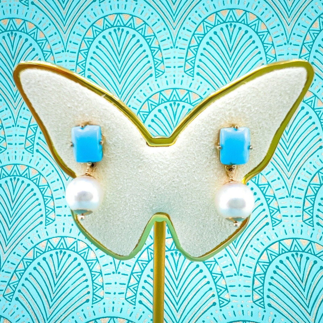 14k Yellow Gold Sleeping Beauty Turquoise & Akoya Pearl Dangle Earrings, New