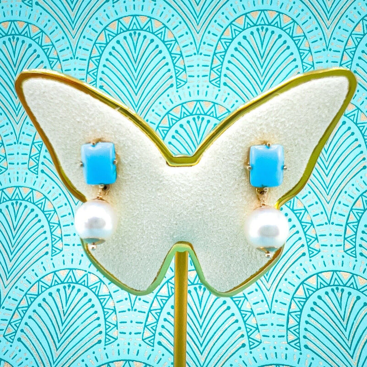 14k Yellow Gold Sleeping Beauty Turquoise & Akoya Pearl Dangle Earrings, New